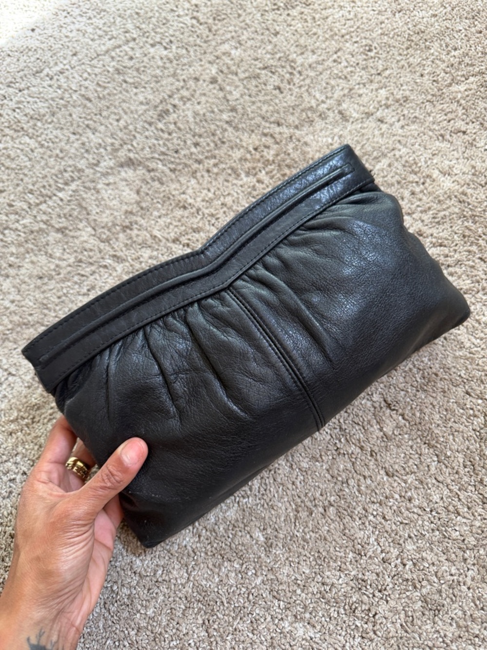Vintage Black Leather Clutch | Soft Gathered Pouch | Minimalist Slouchy Handbag